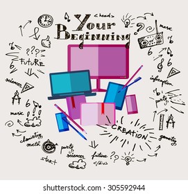 Computers, monitors, laptops, tablets, mobile phones, books, notebooks, books for sketches, notebooks, pens, pencils and sketch freehand hand drawn signs on background for school, studying time