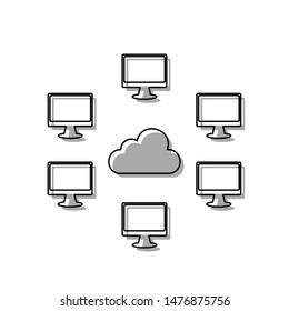 Computers nerk sign. Black line icon with gray shifted flat filled icon on white background. Illustration.