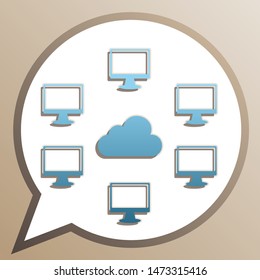 Computers nerk sign. Bright cerulean icon in white speech balloon at pale taupe background. Illustration.