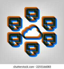 Computers nerk sign. Stroked Icon in orange, azure and old lavender Colors at gray Background. Illustration.