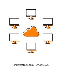 Computers nerk sign. Vector. Black line icon with shifted flat orange filled icon on white background. Isolated.