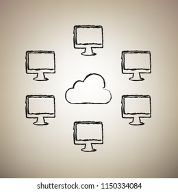 Computers nerk sign. Vector. Brush drawed black icon at light brown background.
