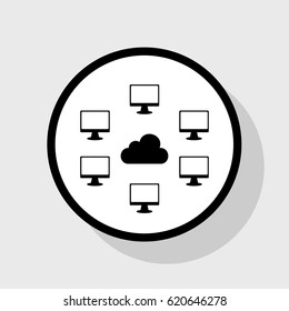 Computers nerk sign. Vector. Flat black icon in white circle with shadow at gray background.