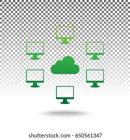 Computers nerk sign. Vector. Green gradient icon with shadow at bottom on transparent and white background.