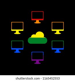Computers nerk sign. Vector. Icon with colors of LGBT flag at black background.