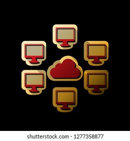 Computers nerk sign. Vector. Red icon with small black and limitless shadows at golden sticker on black background.