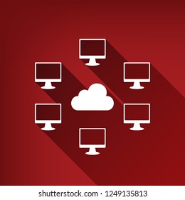 Computers nerk sign. Vector. White icon with limitless shadow at ruby red background.