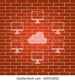 Computers nerk sign. Vector. Whitish icon on brick wall as background.