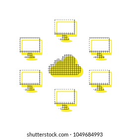 Computers nerk sign. Vector. Yellow icon with square pattern duplicate at white background. Isolated.