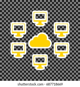 Computers nerk sign. Vector. Yellow icon with white contour on dark transparent background.