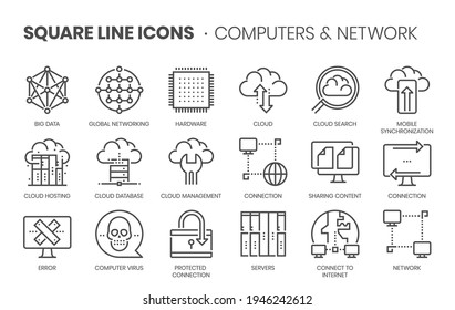 Computers And Network Related, Pixel Perfect, Editable Stroke, Up Scalable Square Line Vector Icon Set. 