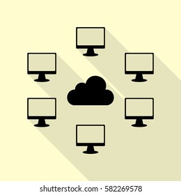 Computers network sign. Black icon with flat style shadow path on cream background.