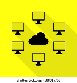 Computers network sign. Black icon with flat style shadow path on yellow background.