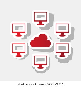 Computers network sign. Vector. New year reddish icon with outside stroke and gray shadow on light gray background.