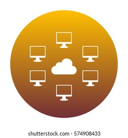 Computers network sign. White icon in circle with golden gradient as background. Isolated.