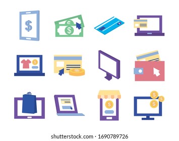 PC y pagos en línea conjunto de iconos sobre fondo blanco, estilo plano, ilustración vectorial