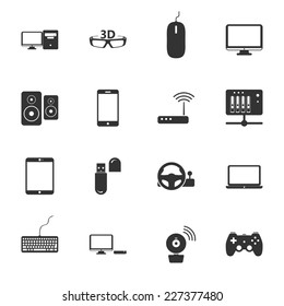 Computers, peripherals and network devices black and white flat icons set