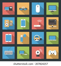 Computers, peripherals and network devices flat icons set