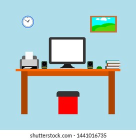 Computers, printers, speakers and books on the table with clocks and picture frames on the wall