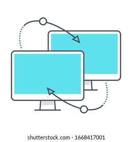 Computers related color line vector icon, illustration. The icon is about back up, synchronization, cloud, upload, laptop, desktop. The composition is infinitely scalable.