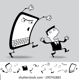 Computers scare me sometimes. Business illustration (EPS 8). Animation friendly: the elements (legs, arms etc) are in the separate layers. Seamless pattern on the background (color can be changed)
