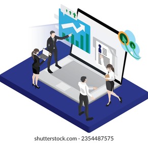 Computers and screens that show and analyze personal and business information.meetings for collaboration and internal communications at work ,Analyzing and reporting company performance for profit