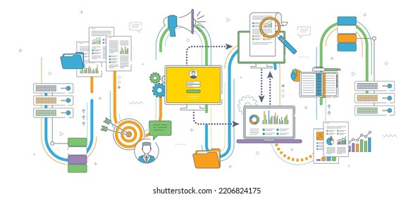 Computers with secure access to files on the network, cloud file transfer. Concepts cloud computing, data network, big data and business intelligence. Thin line flat vector illustration.