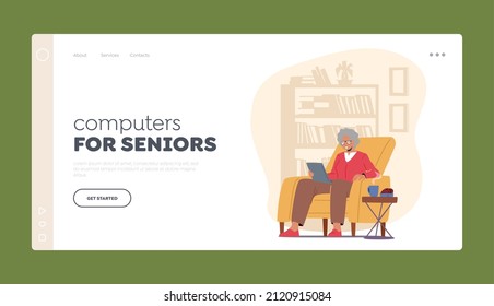 Computers for Seniors Landing Page Template. Elderly Woman Character with Device. Happy Lady Sit on Sofa with Tablet Watching Movie or Communicate in Social Media Network. Cartoon Vector Illustration