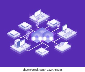 Computers and servers connected into blockchain formation, Bitcoin network. Cryptocurrency service, decentralized and distributed database, innovative technology. Isometric vector illustration.