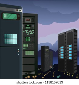 computers and servers in the form of skyscrapers