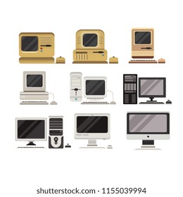 Computadoras configuradas, evolución de PC de obsoleto a moderno vectorial Ilustraciones en un fondo blanco