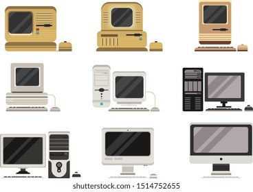 Computers set, PC evolution from obsolete to modern vector Illustrations on a white background