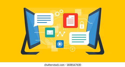 Computers sharing files, data transfer and social media concept