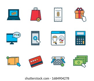 computers and shopping online icon set over white background, fill and line style, vector illustration