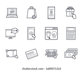 computers and shopping online icon set over white background, line style, vector illustration