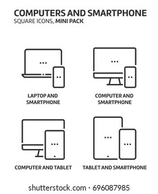 Computers and smartphone, square mini icon set. The illustrations are a vector, editable stroke, thirty-two by thirty-two matrix grid, pixel perfect files. Crafted with precision and eye for quality.