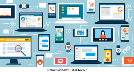 Computers, smartphones and smart devices connected together; apps, online services and user interfaces