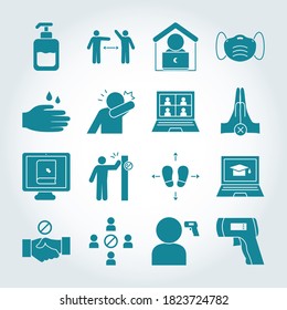 computadoras e iconos de distancia social sobre fondo blanco, estilo de silueta, ilustración vectorial