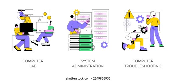 Computers and software abstract concept vector illustration set. Computer lab, system administration, troubleshooting, information technology, network upkeeping, operating system abstract metaphor.