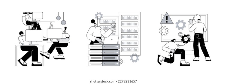 Computers and software abstract concept vector illustration set. Computer lab, system administration, troubleshooting, information technology, network upkeeping, operating system abstract metaphor.