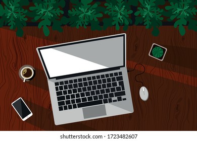 Ordenadores y varios aparatos en el suelo de madera. Ilustración vectorial. Vista superior.
