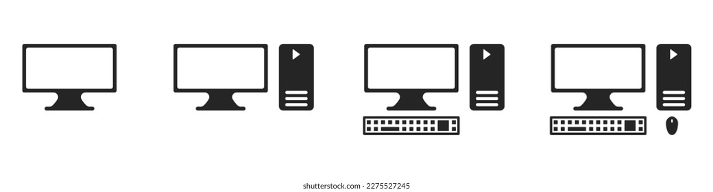 Computers vector icon set. Different computer configurations vector. Set of computer keyboard mouse monitor vector. A complete set of devices for a gamer. Set of computer accessories vector.
