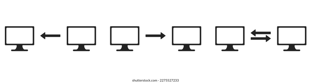 Computers vector set. Set of computers with arrows vector. File transfer icons set between computers. Sharing of files by PC users.