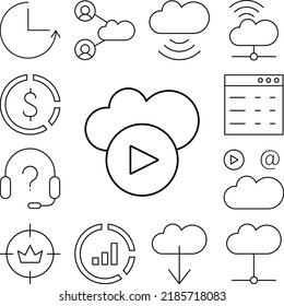 Computing cloud, play, SEO icon in a collection with other items