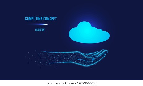 Computing concept. Cloud computing symbol in hand. Polygonal illustration.