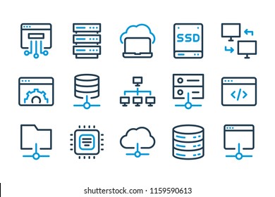 Computing and Development related line icon set. Hosting and Network vector icons.