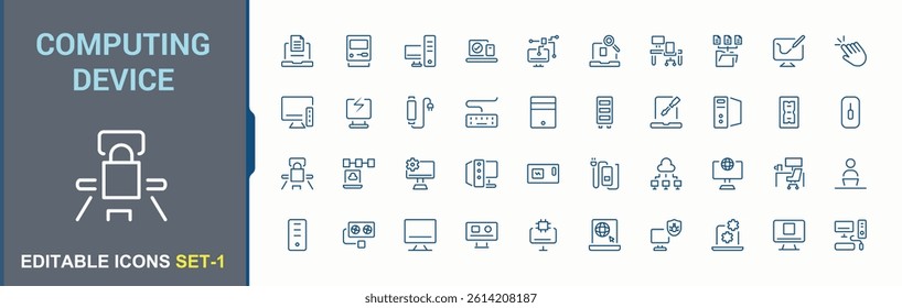 Computing Device icon set in linear style. Contain linear sign tablet, pc, electronic, notebook, desktop, technology. Computer icon set. Minimal icons collection. Editable vector art.