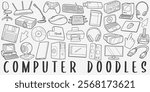 Computing Doodle Icons. Hand Made Line Art. computer Clipart Logotype Symbol Design.