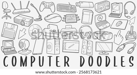 Computing Doodle Icons. Hand Made Line Art. computer Clipart Logotype Symbol Design.