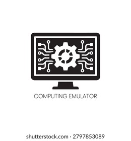 Computing Emulator Logo features a monitor displaying gears and circuitry, representing the emulation of complex computational processes. This technical and professional design is well-suited for software development firms, virtualization technology companies, or high-performance computing labs seeking a clear, effective visual identity that emphasizes precision, engineering, and digital innovation.